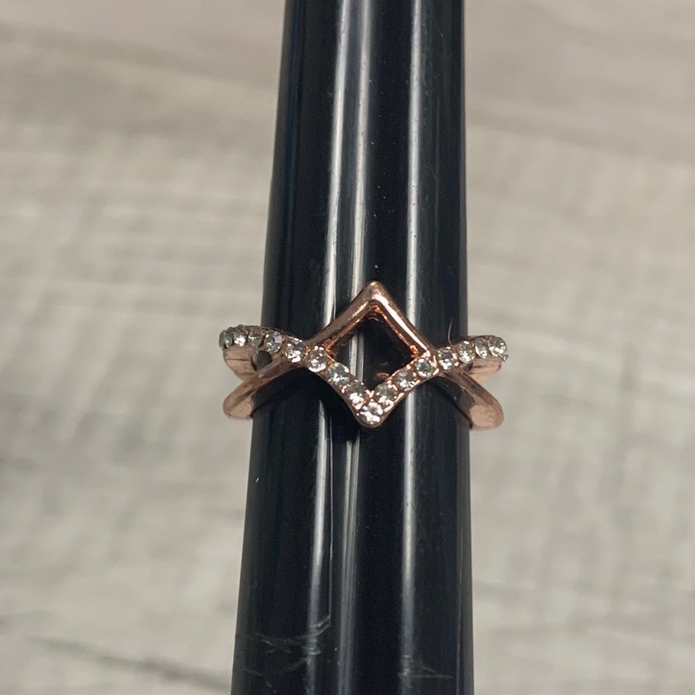 Rose Gold Tone Pave Crystal Geometric Open Diamond Criss Cross Ring Size 4